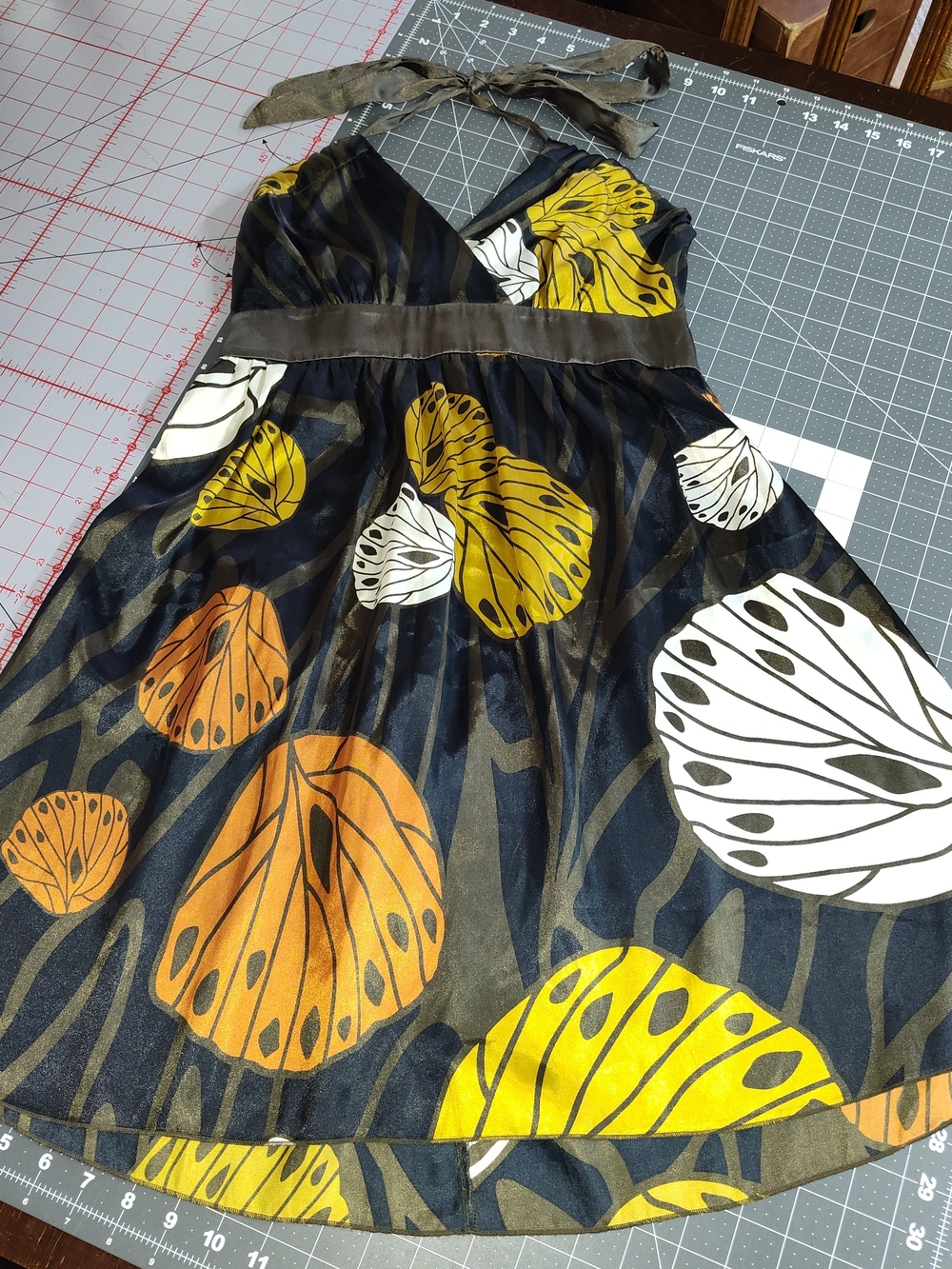 Charlotte Russe Black Halter Dress with Yellow, Orange & White Leaf Print